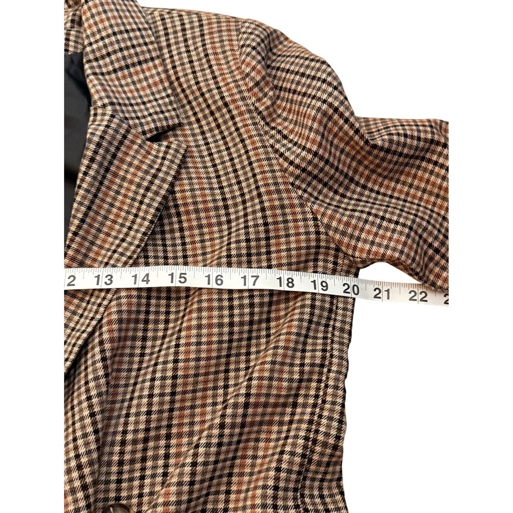 Womens Plaid Blazer Jacket Double Breasted Brown Tan Black Classic Fall Style - Picture 4 of 9